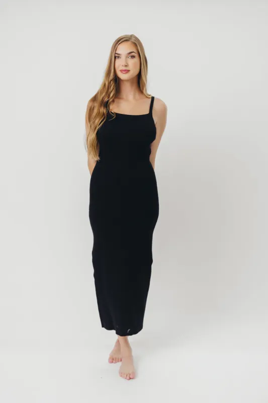 Katelyn Tie-Back Ribbed Midi Dress in Black sold by Worth Collective