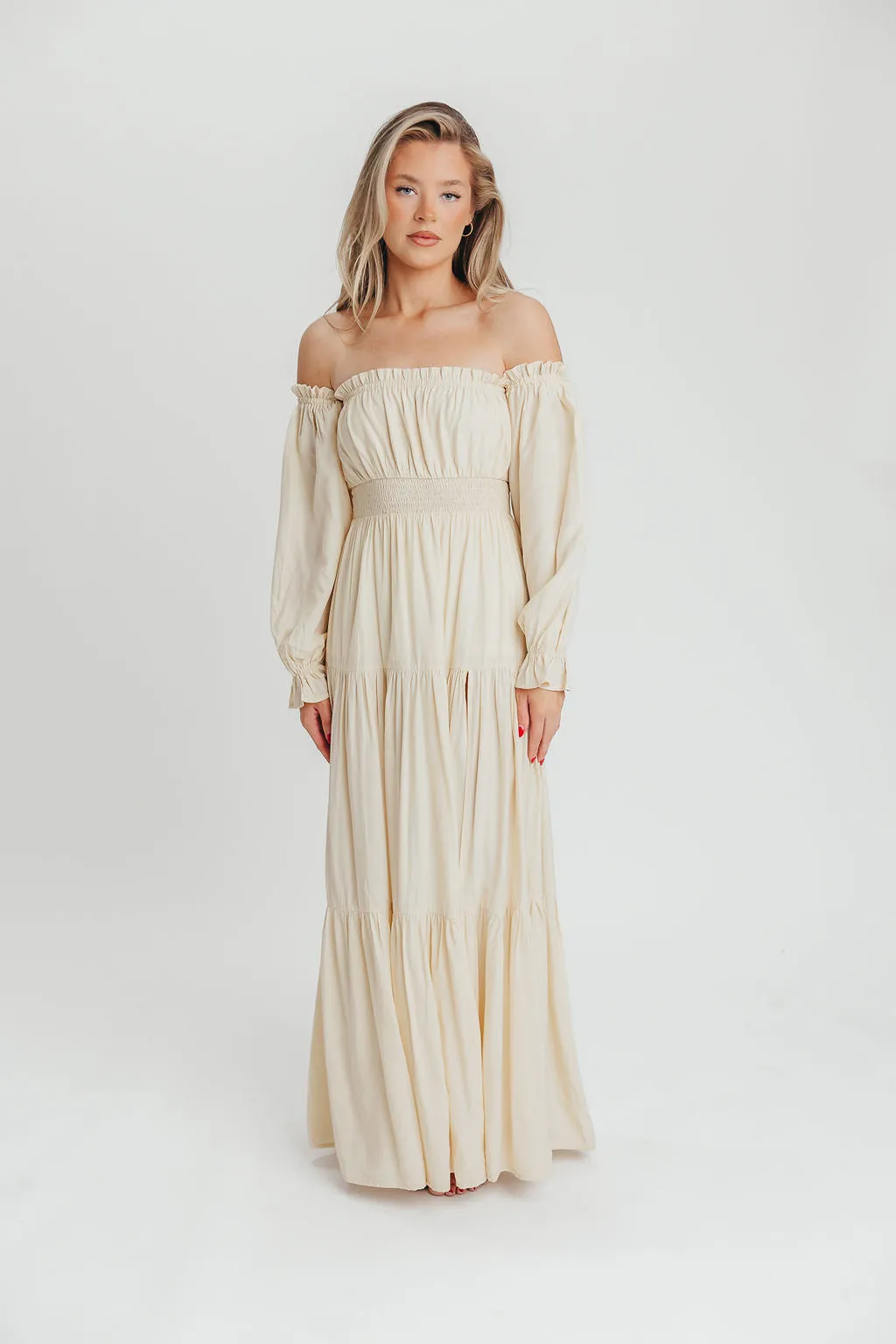 Harper Cru Long Sleeve Off-Shoulder Maxi Dress in Cream (S-XL) sold by Worth Collective product image thumbnail 3
