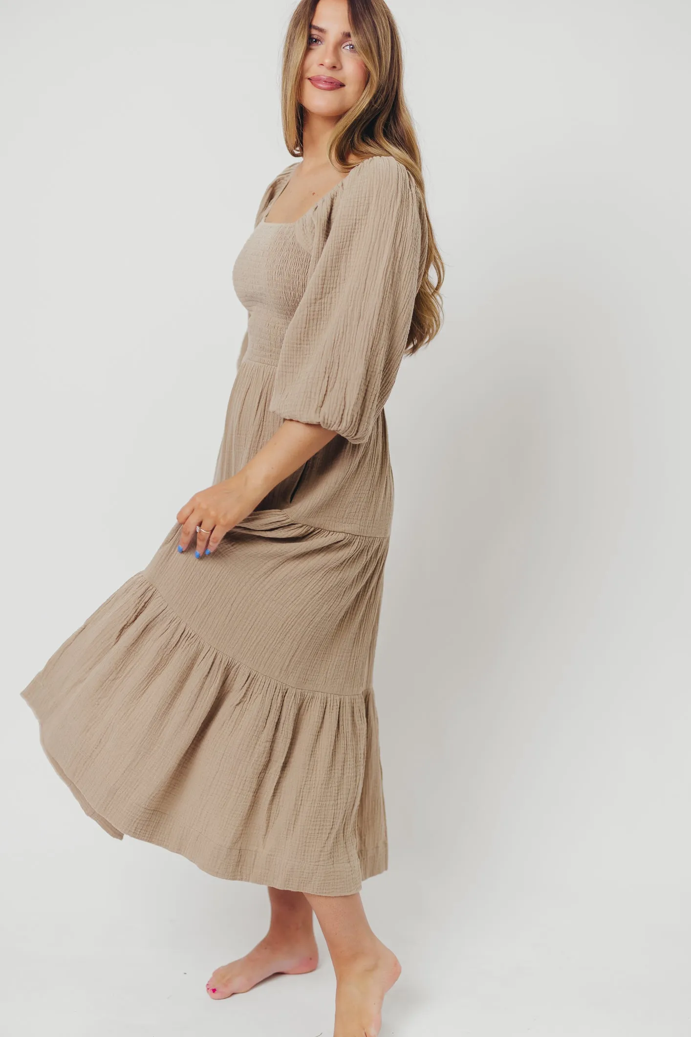 Taylor Cotton Smocked Midi Dress with Tiered Skirt in Pumice - Inclusive Sizing sold by Worth Collective product image thumbnail 2