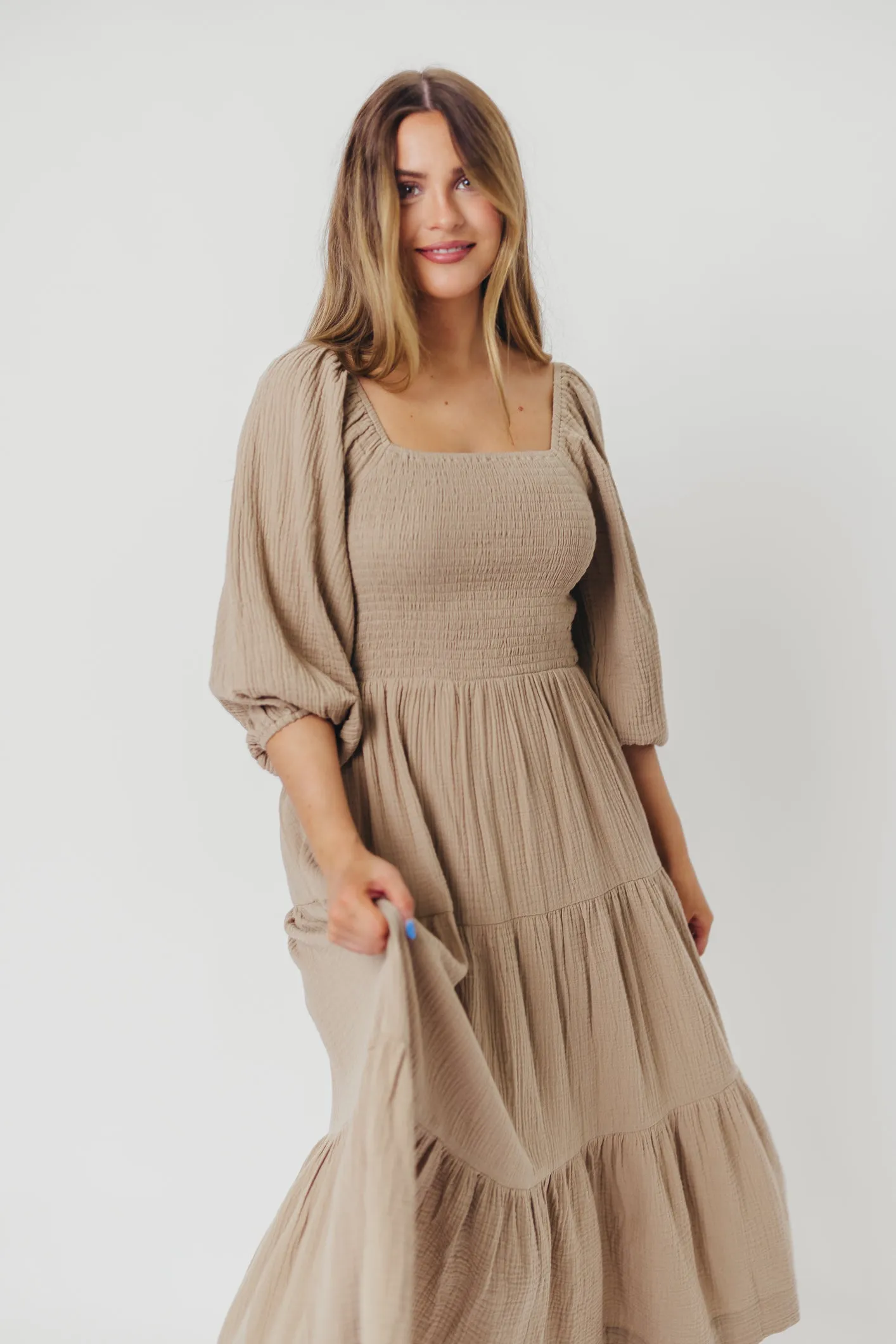 Taylor Cotton Smocked Midi Dress with Tiered Skirt in Pumice - Inclusive Sizing sold by Worth Collective product image thumbnail 3