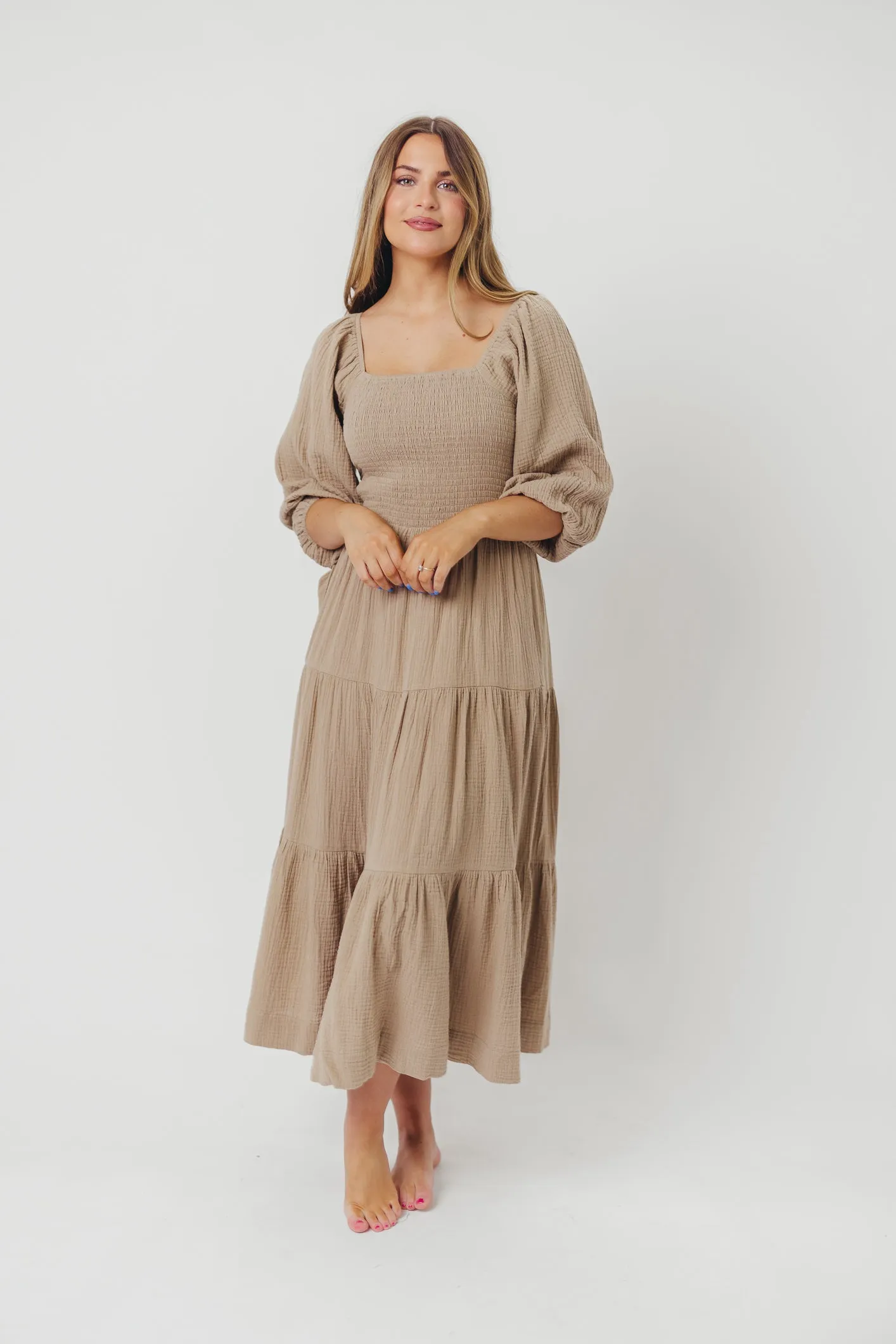 Taylor Cotton Smocked Midi Dress with Tiered Skirt in Pumice - Inclusive Sizing sold by Worth Collective