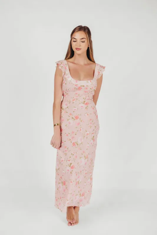Pisa Floral Chiffon Midi Dress with Ruffle Shoulder in Blush sold by Worth Collective