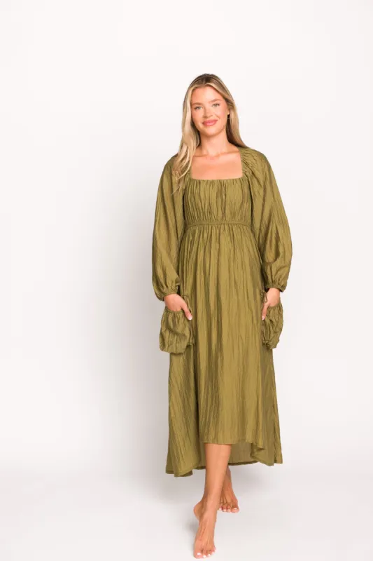 Ariana Long Sleeved Maxi Dress with Slouchy Pocket in Olive *Final-Sale* sold by Worth Collective