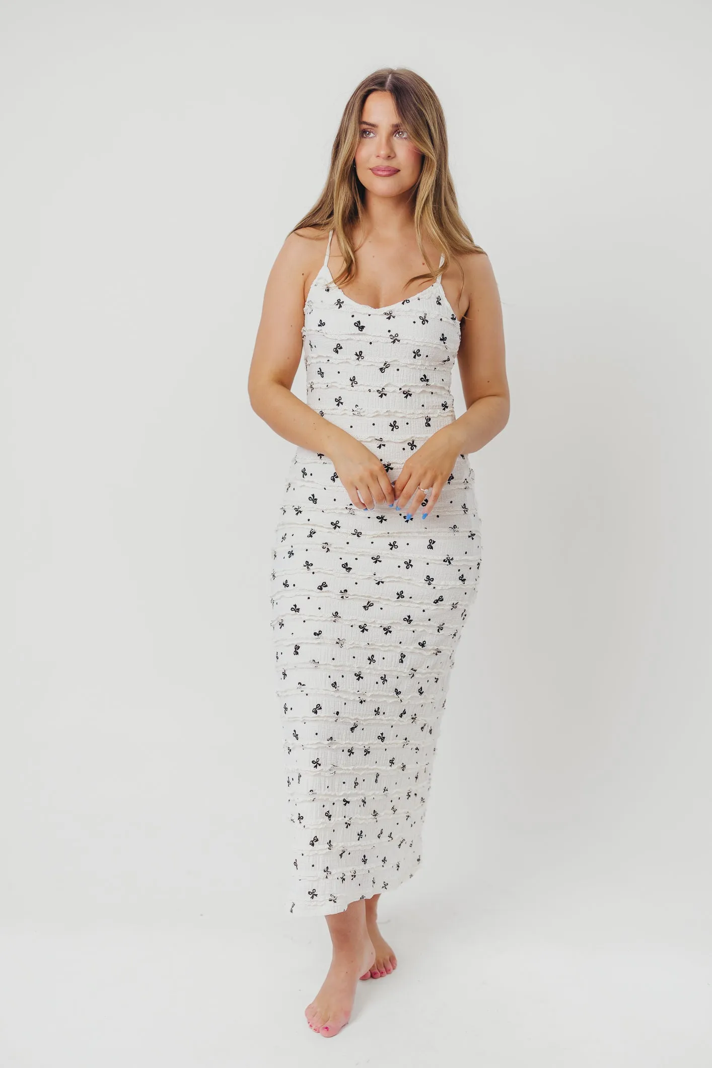 Piper Bow Print Maxi Dress with Ruffles in Ivory sold by Worth Collective product image thumbnail 2