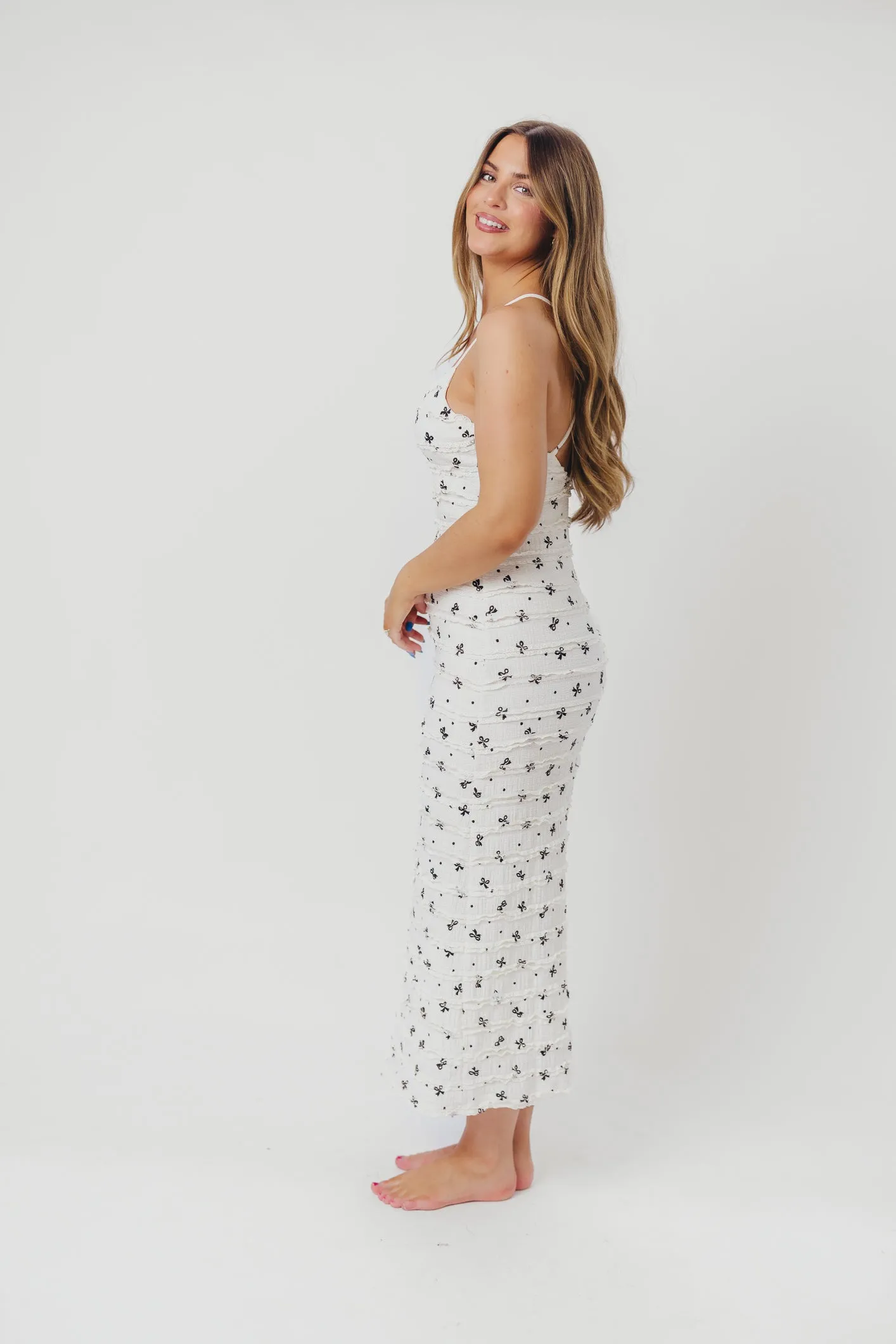 Piper Bow Print Maxi Dress with Ruffles in Ivory sold by Worth Collective product image thumbnail 3