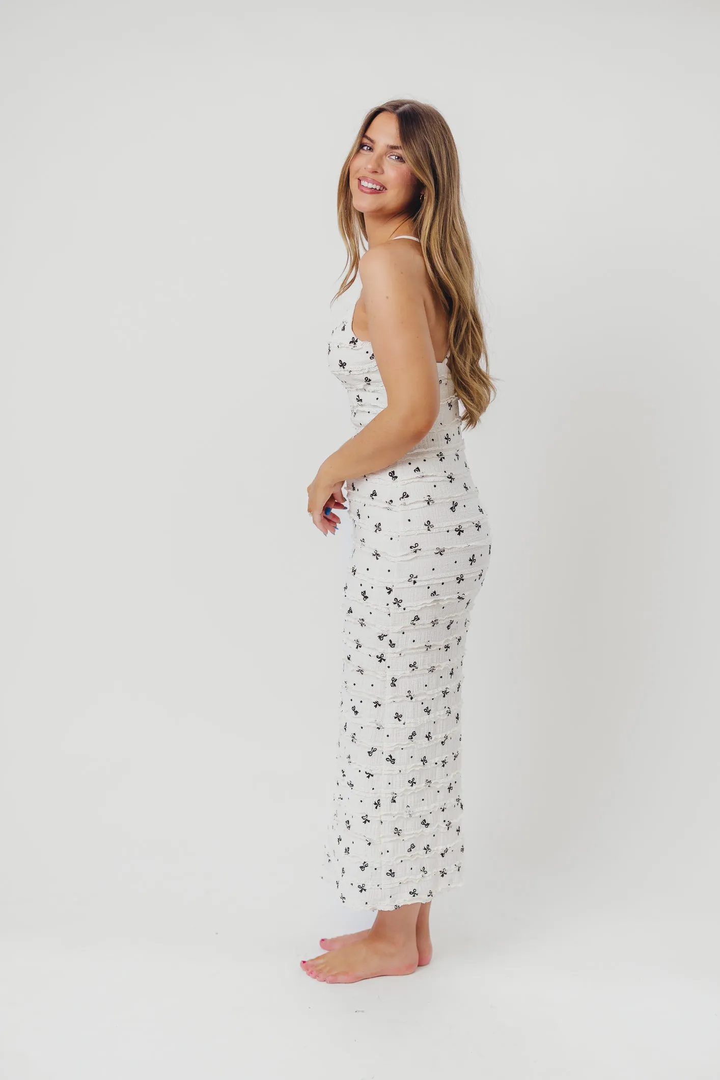 Piper Bow Print Maxi Dress with Ruffles in Ivory sold by Worth Collective product image thumbnail 4
