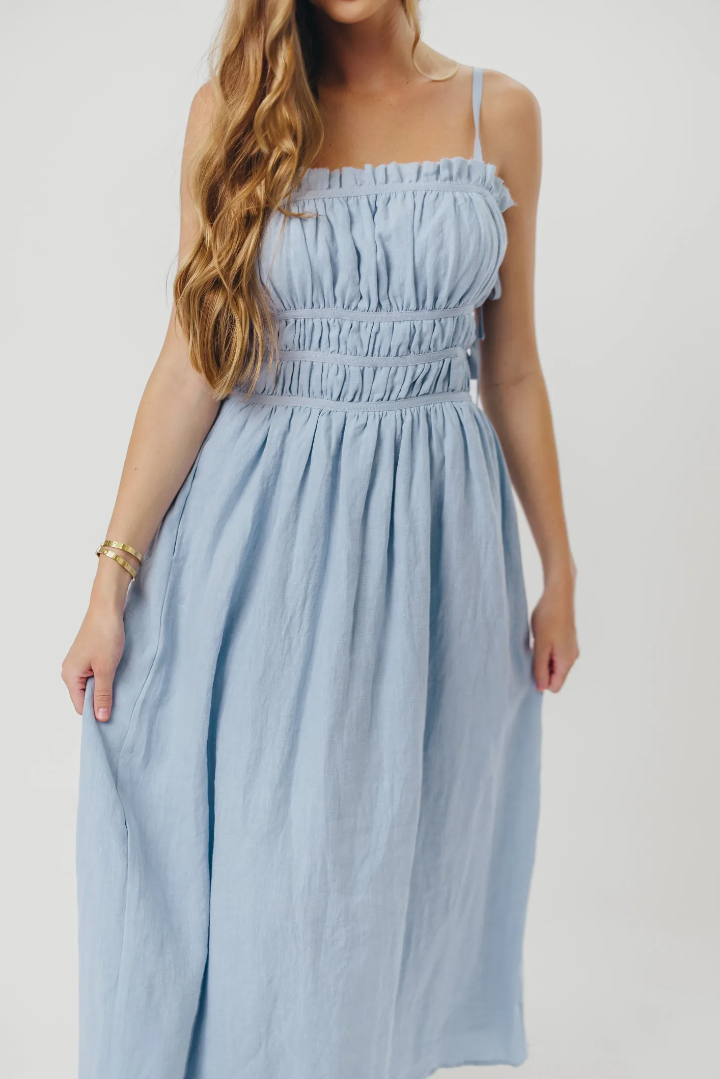 Isla Linen Midi Dress with Ruched Bodice and Side Tie in Light Blue sold by Worth Collective product image thumbnail 2