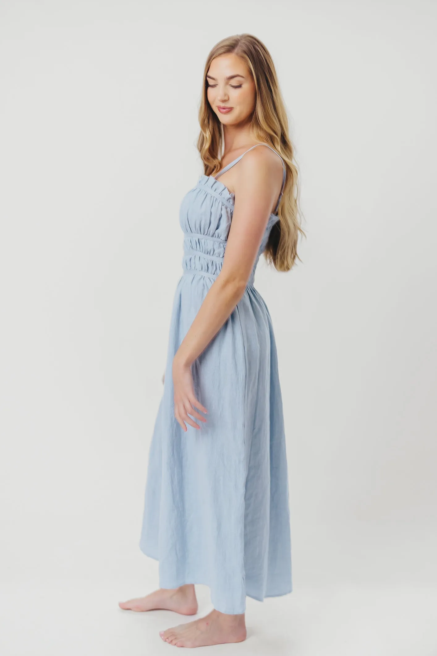Isla Linen Midi Dress with Ruched Bodice and Side Tie in Light Blue sold by Worth Collective product image thumbnail 5