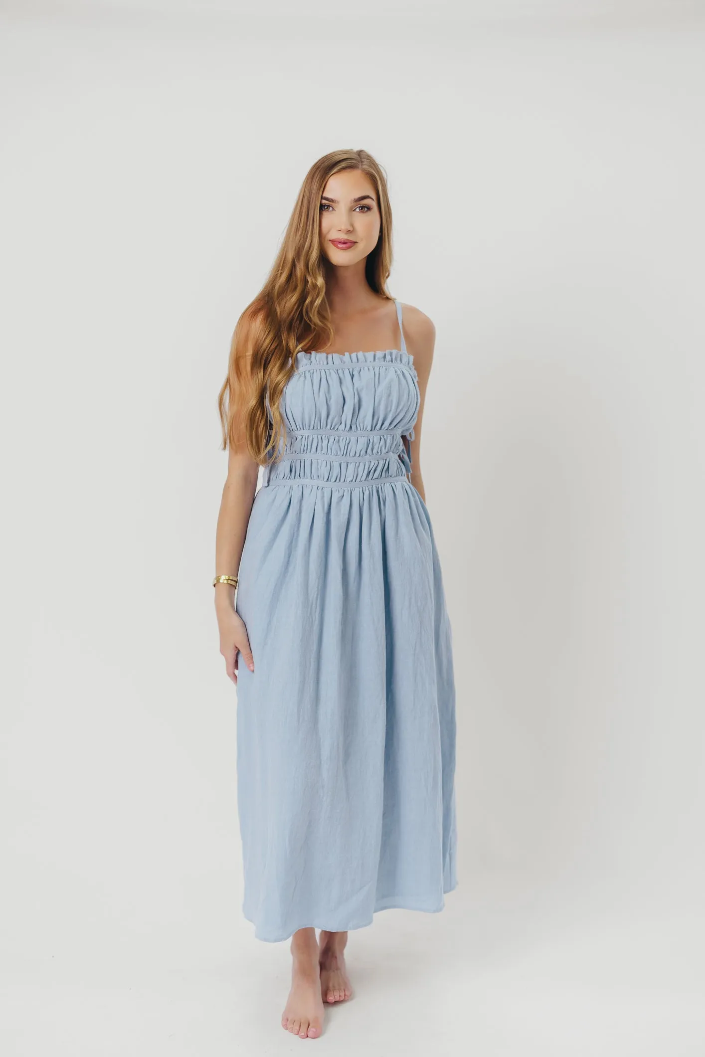 Isla Linen Midi Dress with Ruched Bodice and Side Tie in Light Blue sold by Worth Collective product image thumbnail 3