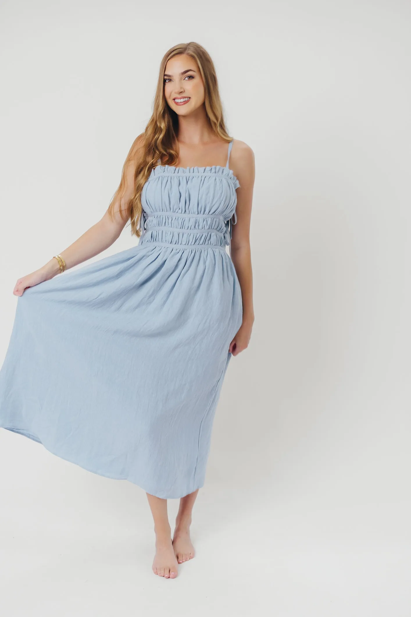 Isla Linen Midi Dress with Ruched Bodice and Side Tie in Light Blue sold by Worth Collective product image thumbnail 4