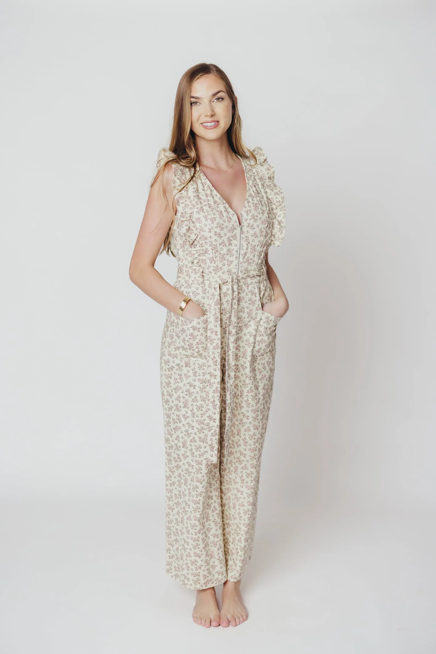 Janet Zippered Jumpsuit with Ruffles in Cream/Pink Floral - Nursing Friendly sold by Worth Collective product image thumbnail 5