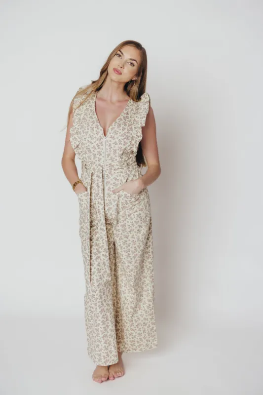 Janet Zippered Jumpsuit with Ruffles in Cream/Pink Floral - Nursing Friendly sold by Worth Collective