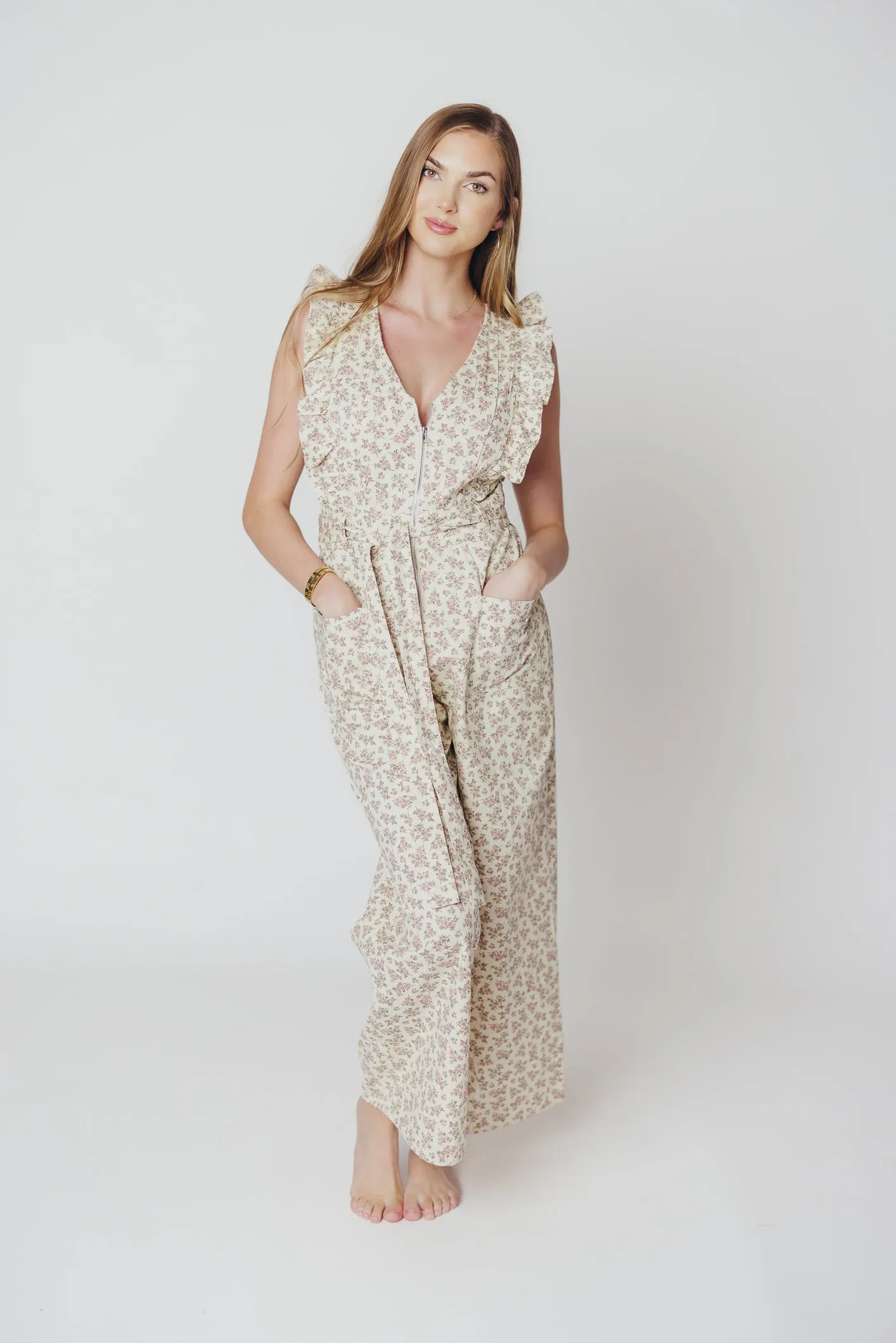 Janet Zippered Jumpsuit with Ruffles in Cream/Pink Floral - Nursing Friendly sold by Worth Collective product image thumbnail 3