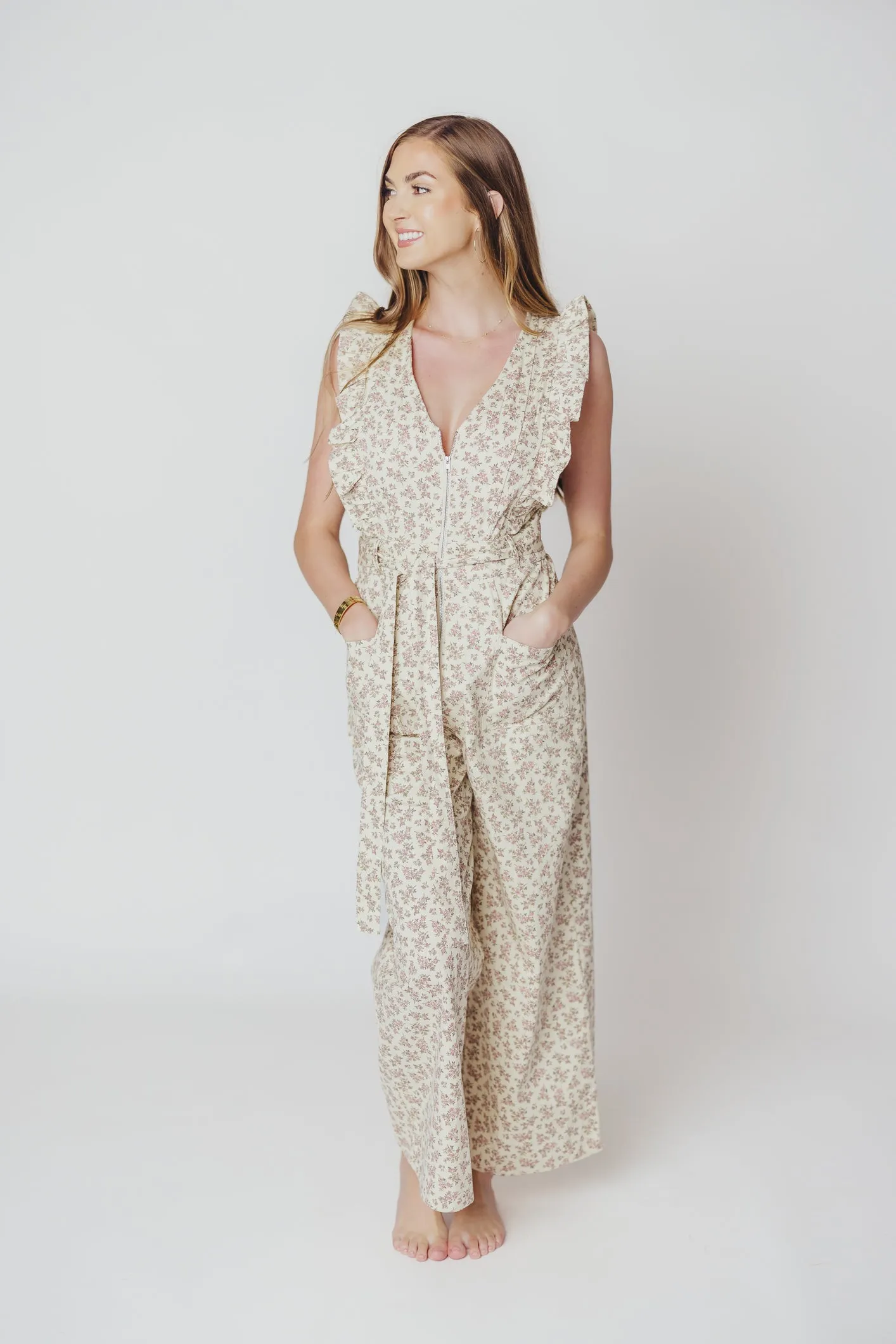 Janet Zippered Jumpsuit with Ruffles in Cream/Pink Floral - Nursing Friendly sold by Worth Collective product image thumbnail 4