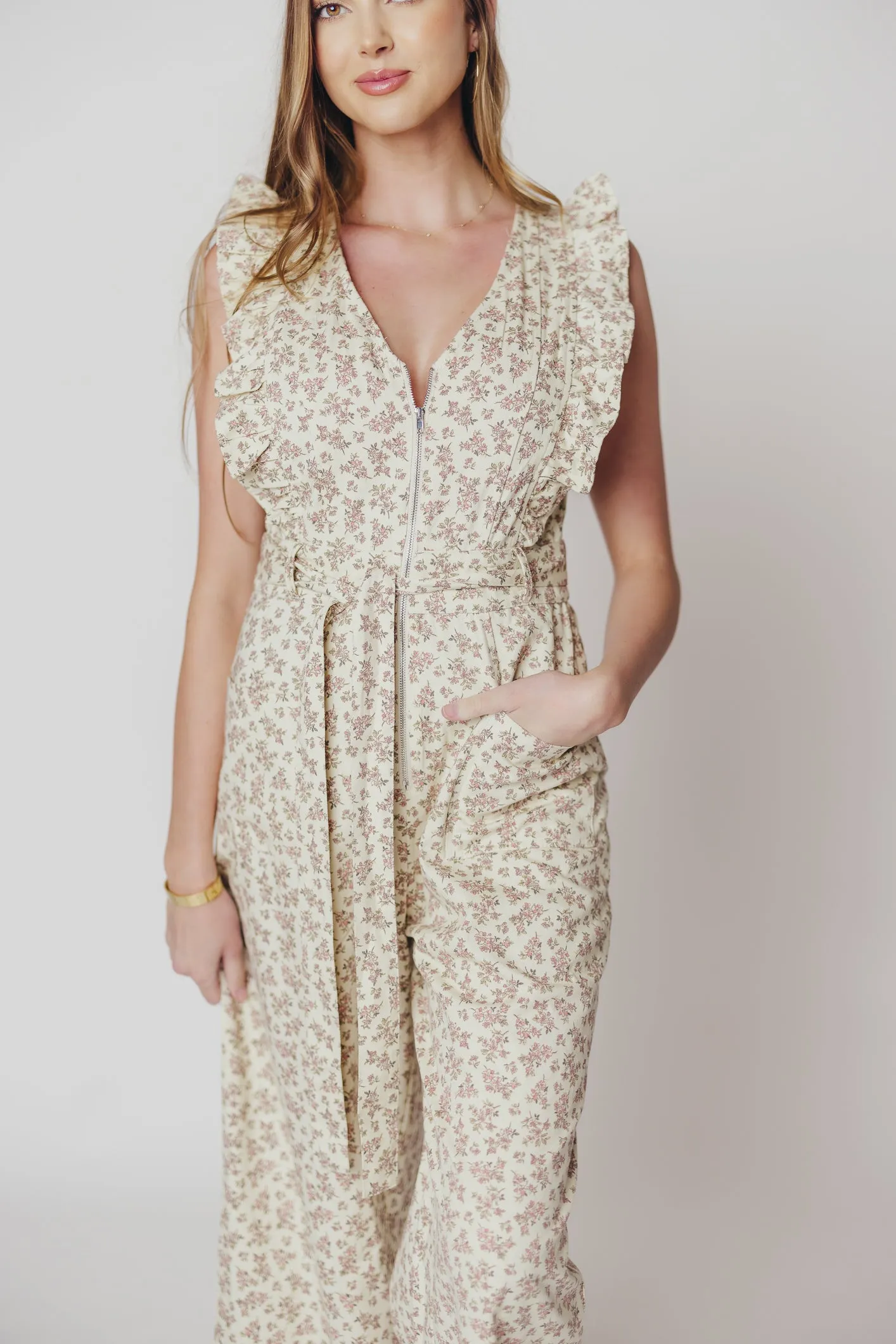 Janet Zippered Jumpsuit with Ruffles in Cream/Pink Floral - Nursing Friendly sold by Worth Collective product image thumbnail 2