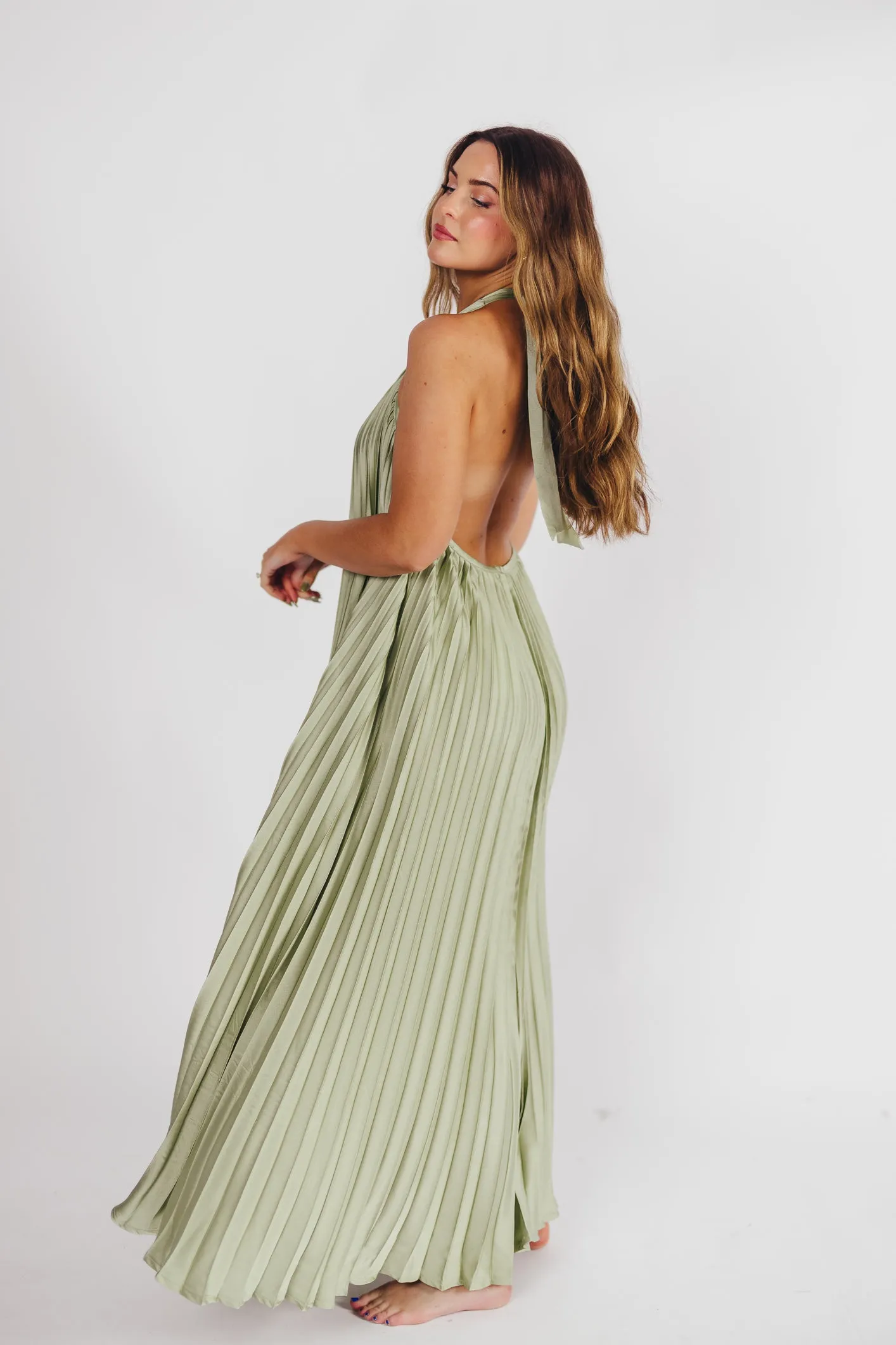 Maren Pleated Halter Maxi Dress in Sage - Bump Friendly (S-XL) Almost Sold Out! sold by Worth Collective product image thumbnail 4