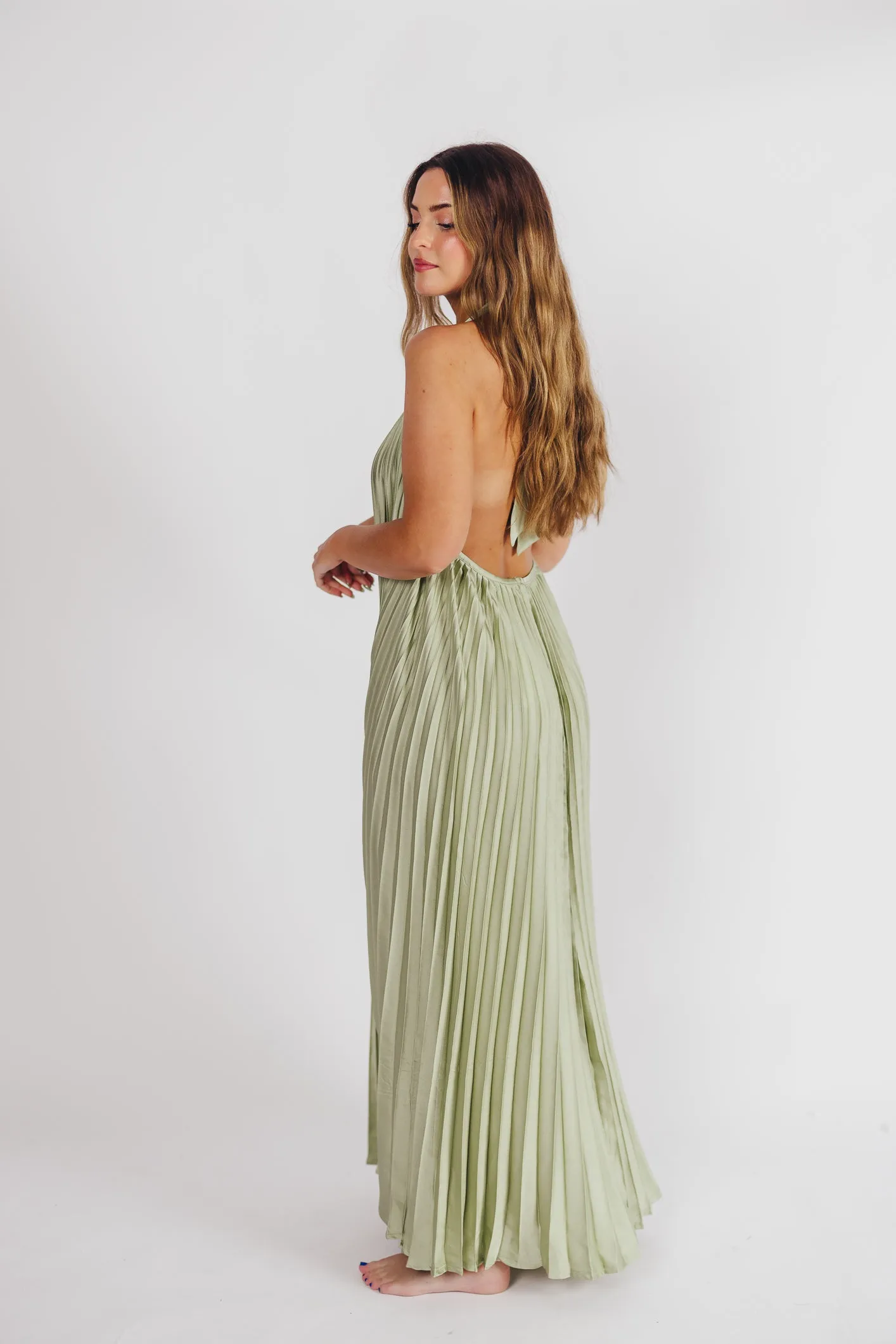 Maren Pleated Halter Maxi Dress in Sage - Bump Friendly (S-XL) Almost Sold Out! sold by Worth Collective product image thumbnail 5