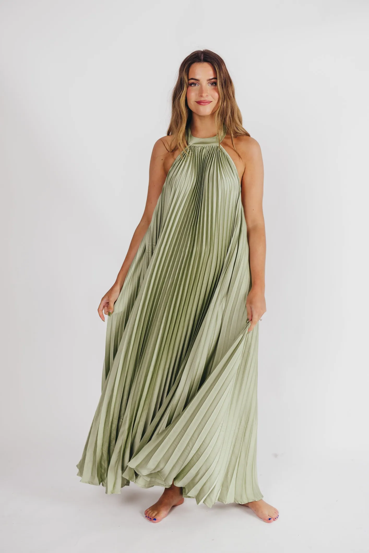 Maren Pleated Halter Maxi Dress in Sage - Bump Friendly (S-XL) Almost Sold Out! sold by Worth Collective product image thumbnail 3