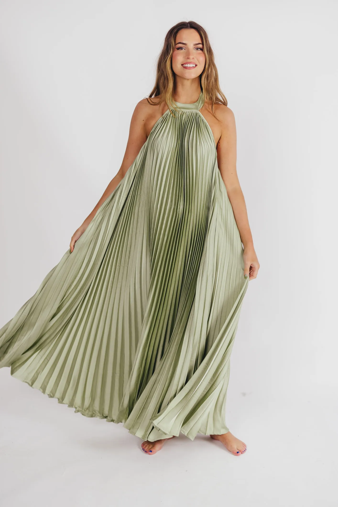 Maren Pleated Halter Maxi Dress in Sage - Bump Friendly (S-XL) Almost Sold Out! sold by Worth Collective product image thumbnail 2