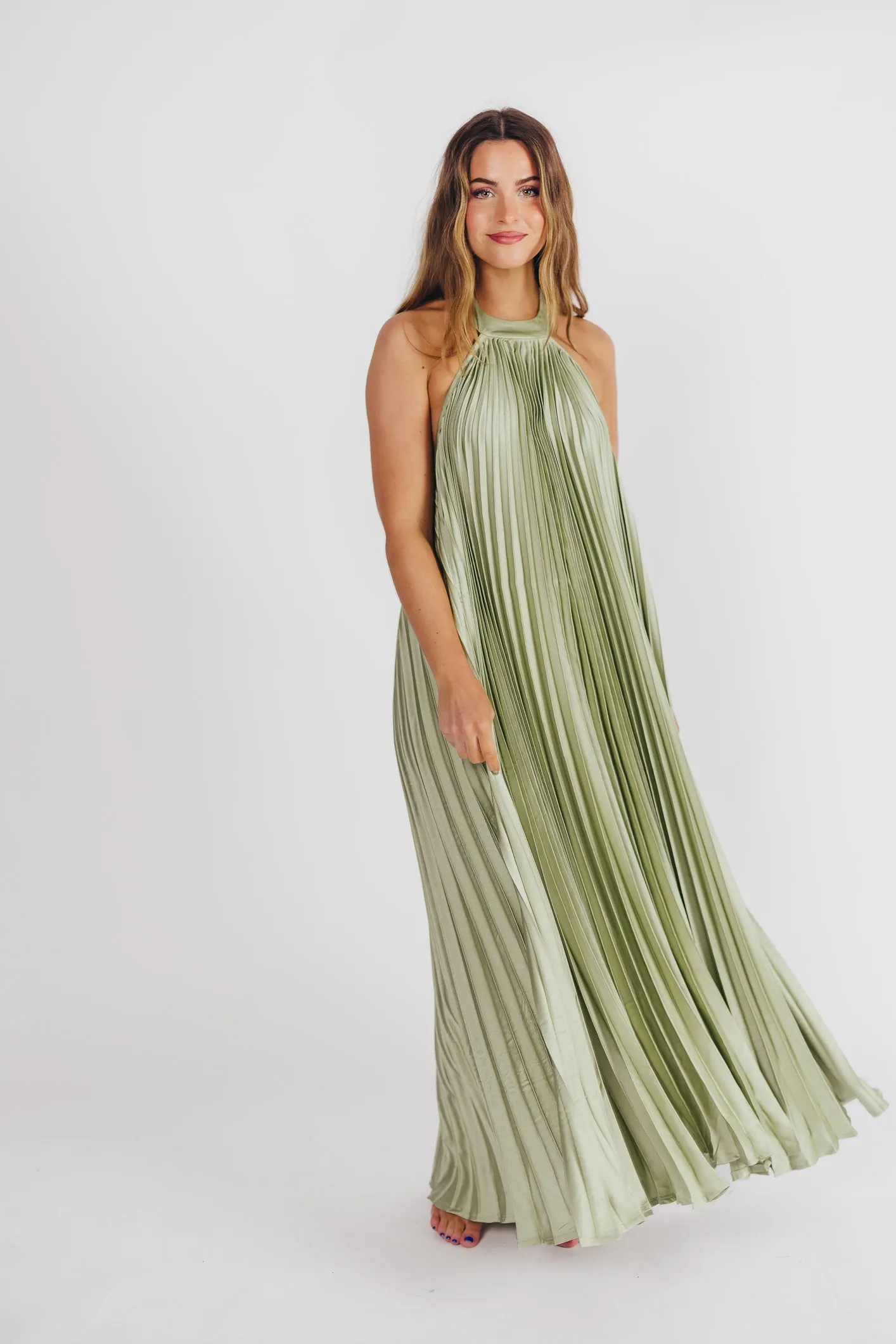 Maren Pleated Halter Maxi Dress in Sage - Bump Friendly (S-XL) Almost Sold Out! sold by Worth Collective