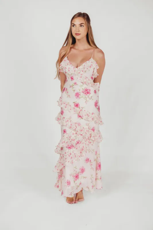 Amelia Ruffle Maxi Dress in Ivory/Pink Floral sold by Worth Collective