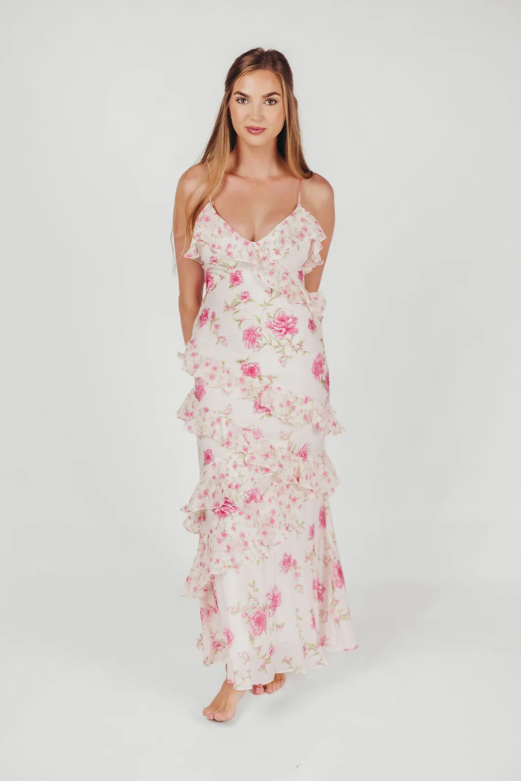 Amelia Ruffle Maxi Dress in Ivory/Pink Floral sold by Worth Collective product image thumbnail 4