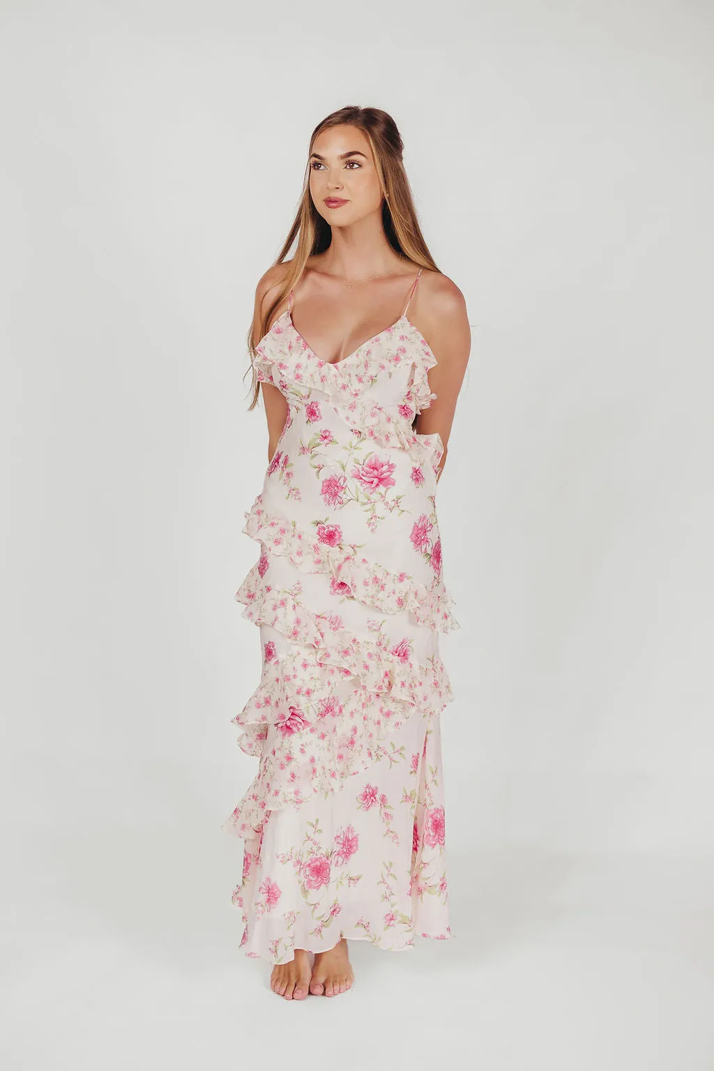 Amelia Ruffle Maxi Dress in Ivory/Pink Floral sold by Worth Collective product image thumbnail 3