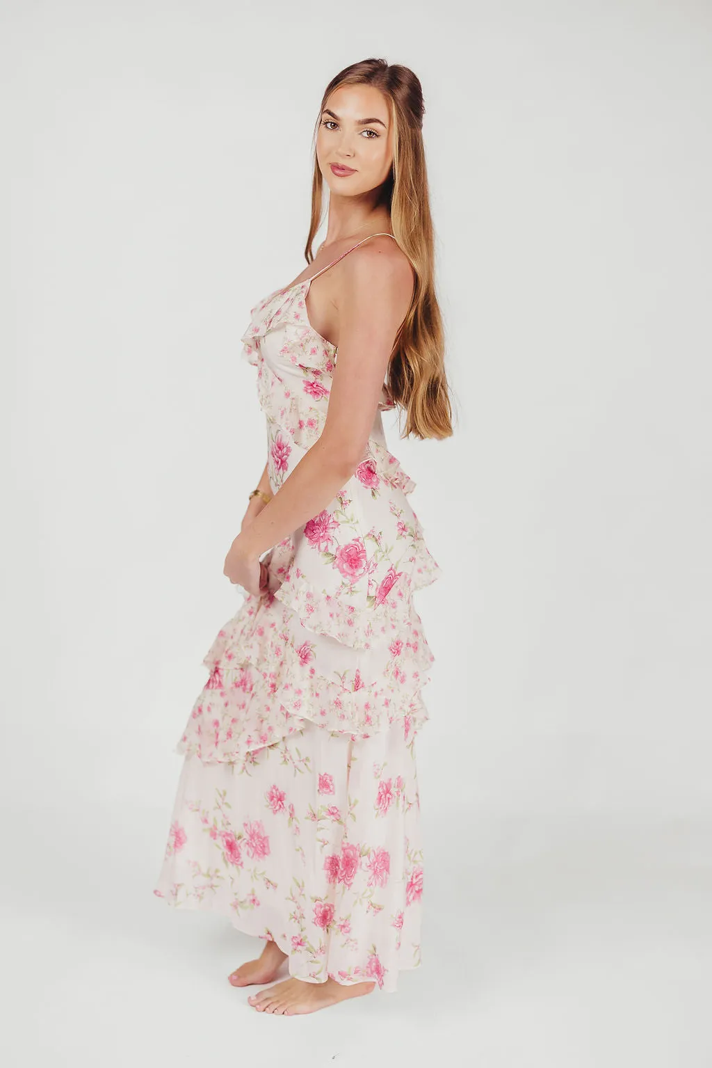 Amelia Ruffle Maxi Dress in Ivory/Pink Floral sold by Worth Collective product image thumbnail 5