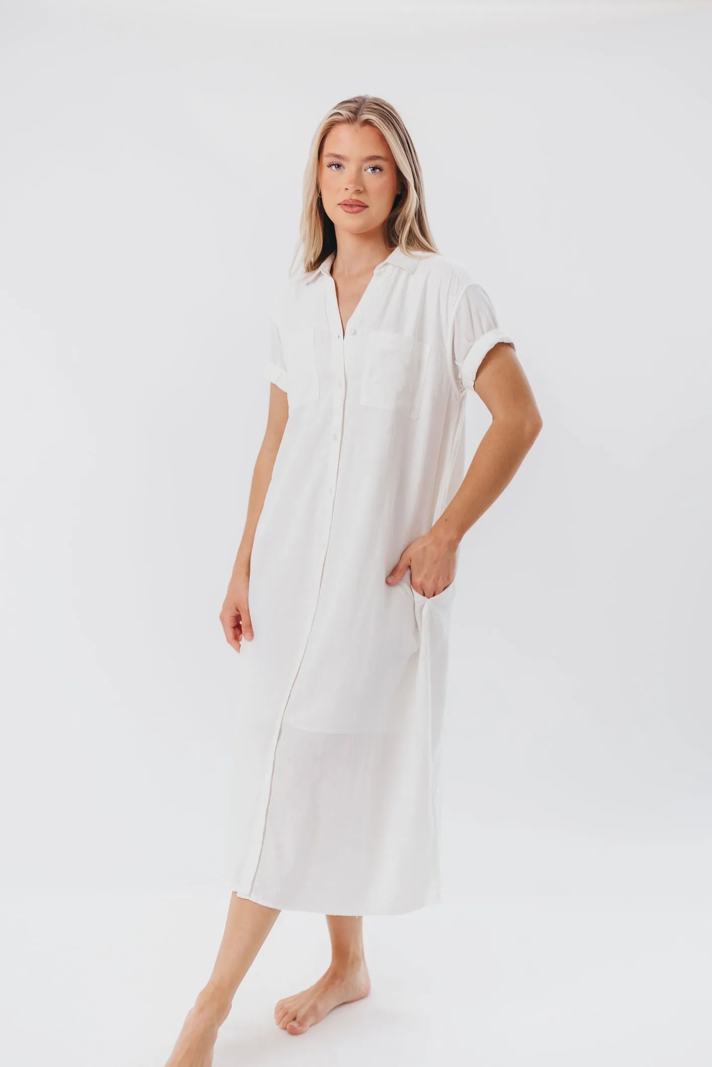 Paris Linen-Blend Midi Shirt Dress in Blanc - Nursing Friendly sold by Worth Collective