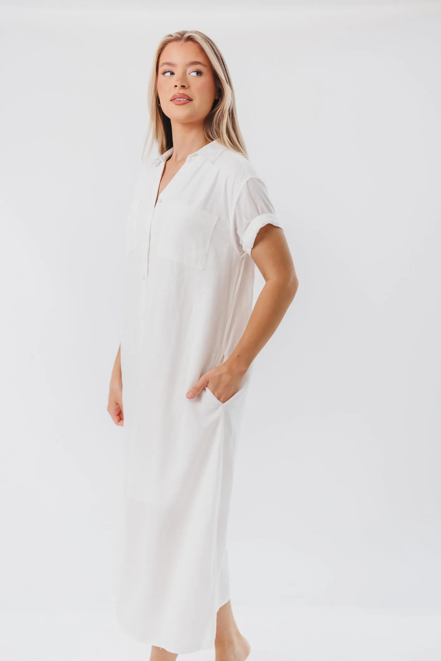 Paris Linen-Blend Midi Shirt Dress in Blanc - Nursing Friendly sold by Worth Collective product image thumbnail 3