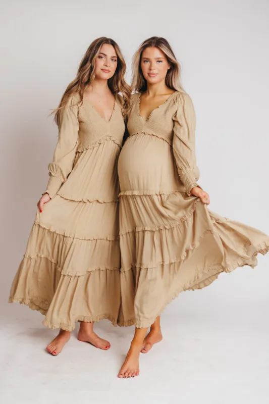 Pippa Long-Sleeved Smocked Maxi Dress in Taupe - Bump Friendly sold by Worth Collective