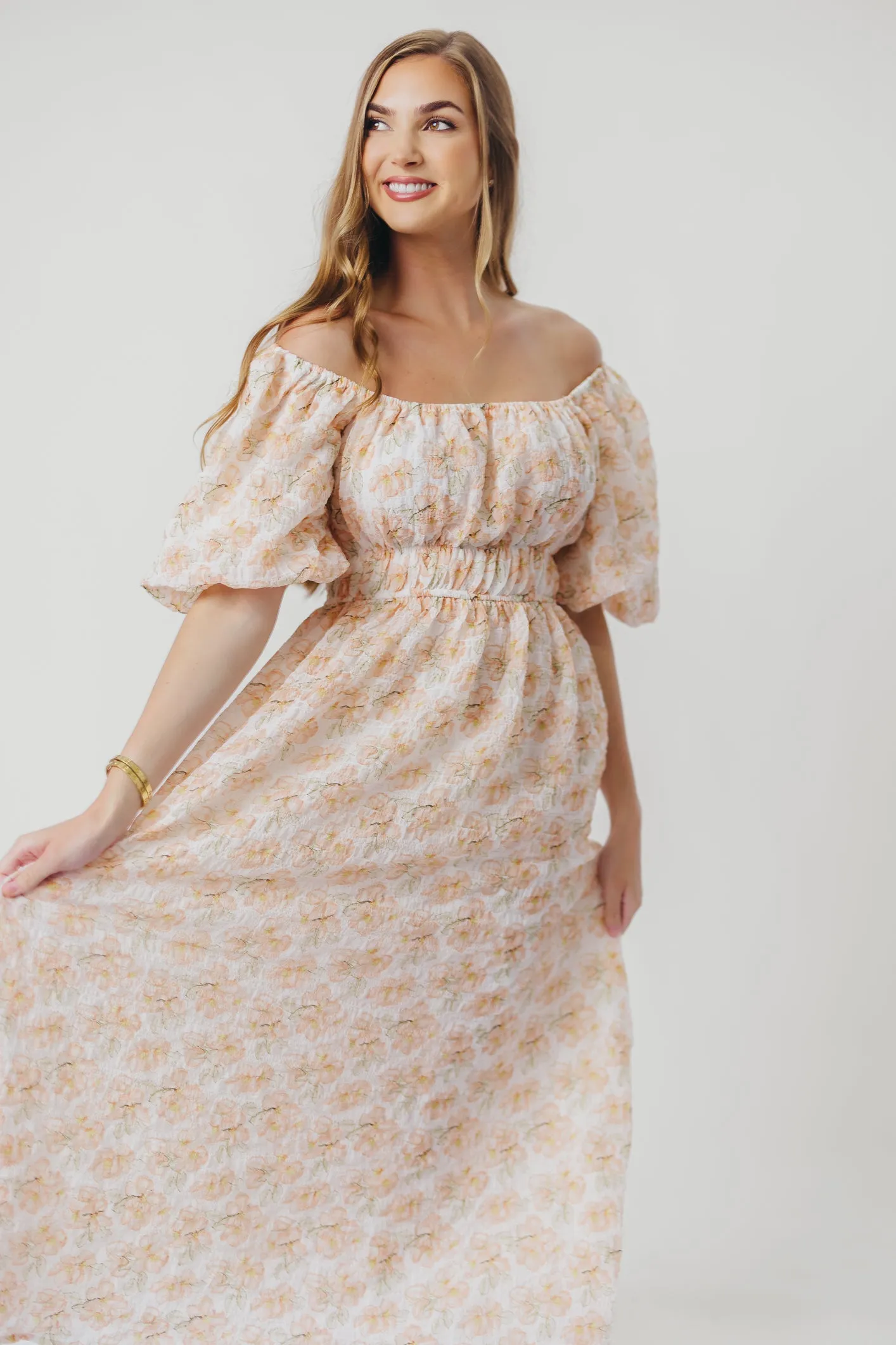 Mallory Textured Print Midi Dress in Tangerine Floral sold by Worth Collective product image thumbnail 5