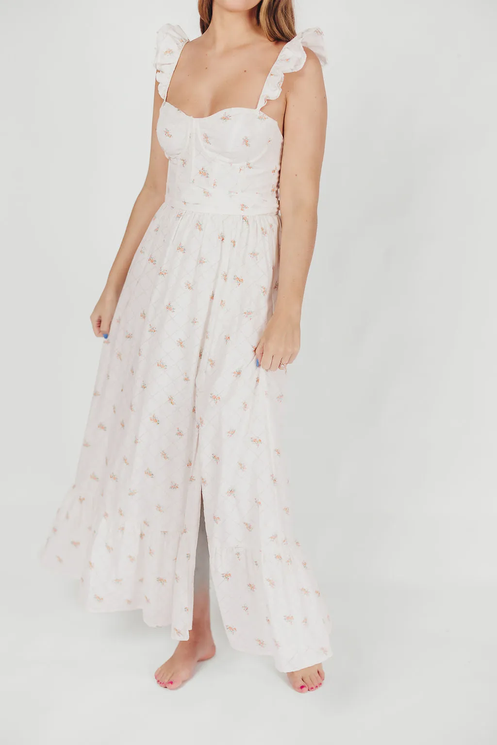 Rosamund Bustier-Style Maxi Dress in White/Orange Floral - Inclusive Sizing (S-XL) sold by Worth Collective