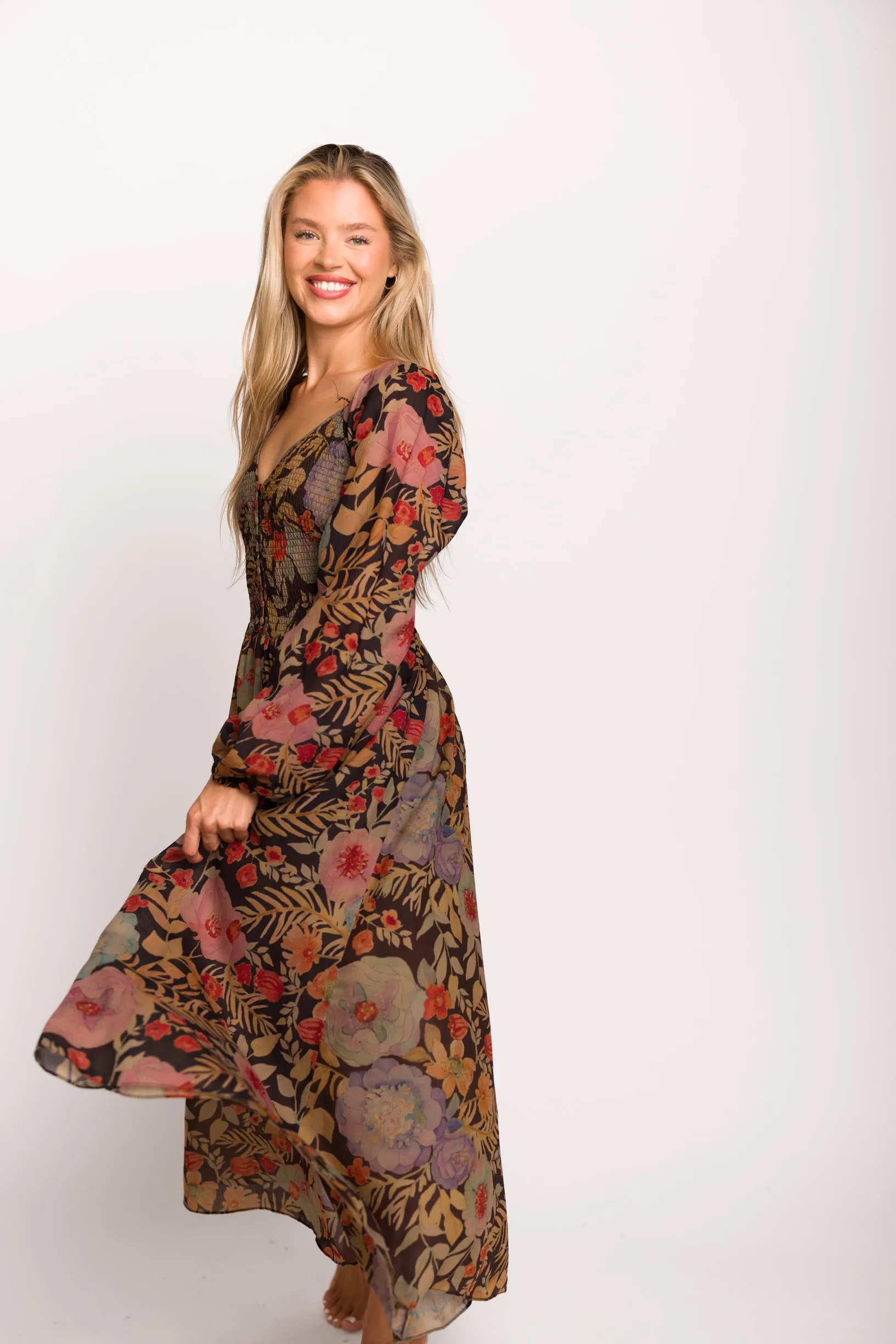 Steph Smocked Button-Front Maxi Dress in Black Floral - Final Few sold by Worth Collective product image thumbnail 2