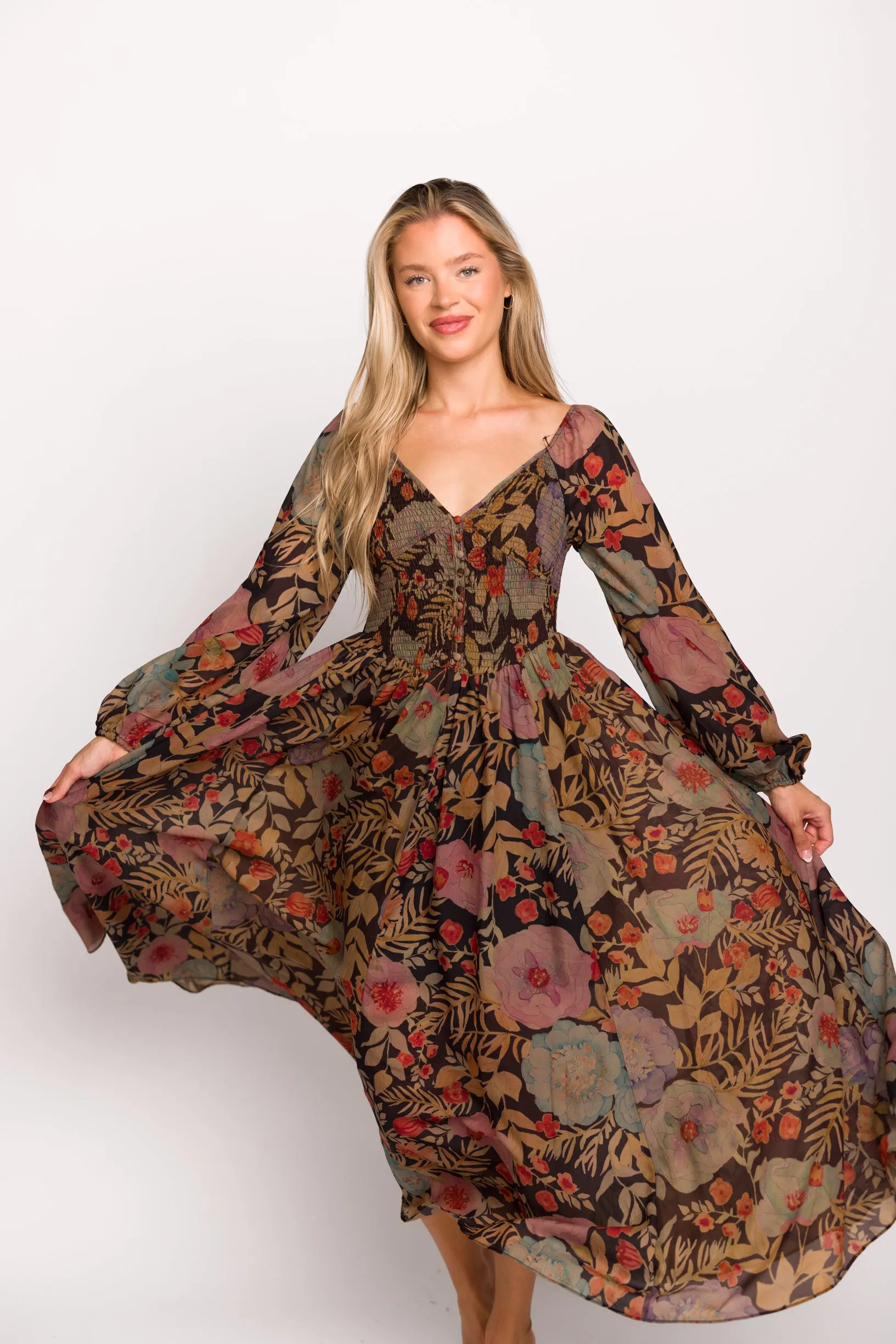 Steph Smocked Button-Front Maxi Dress in Black Floral - Final Few sold by Worth Collective product image thumbnail 4