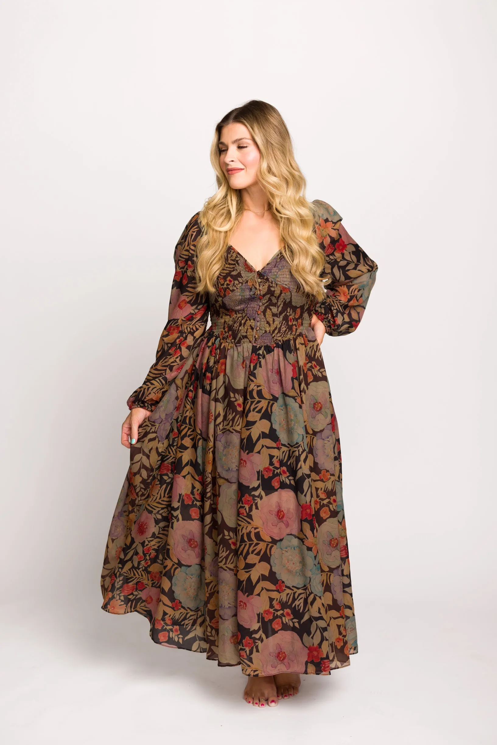 Steph Smocked Button-Front Maxi Dress in Black Floral - Final Few sold by Worth Collective product image thumbnail 3
