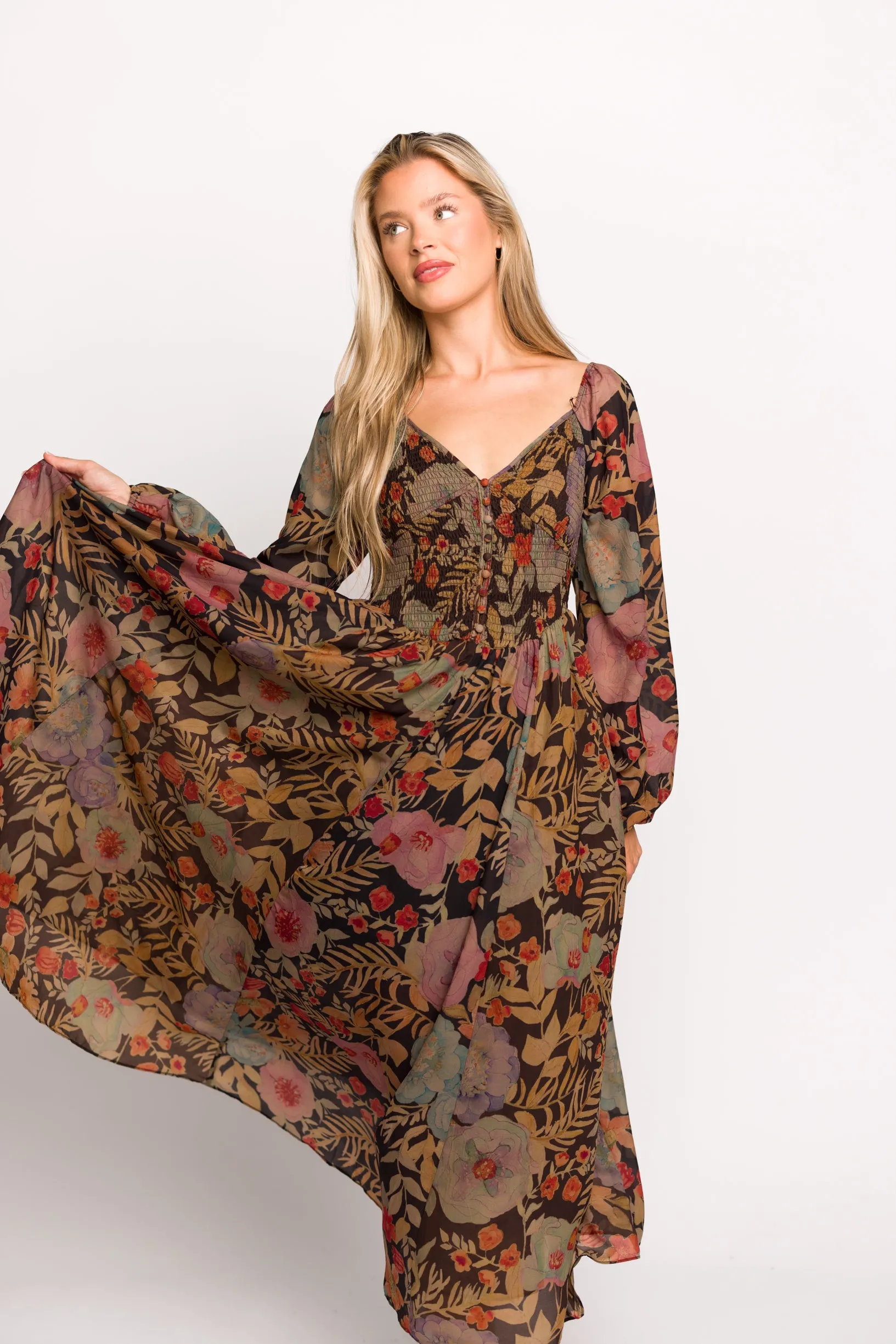 Steph Smocked Button-Front Maxi Dress in Black Floral - Final Few sold by Worth Collective product image thumbnail 5