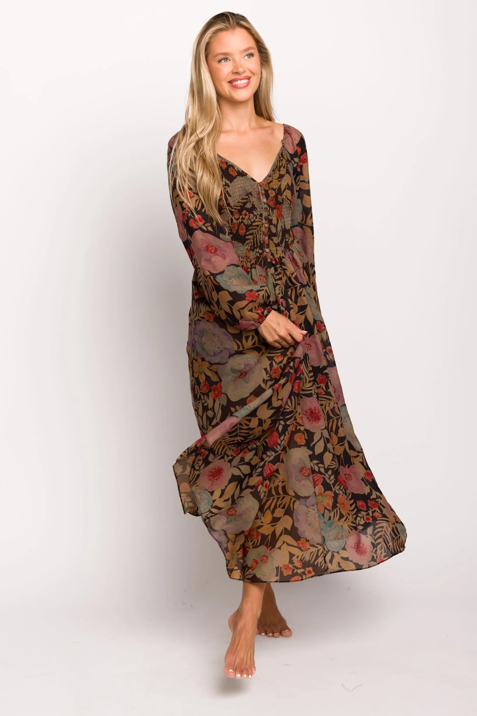 Steph Smocked Button-Front Maxi Dress in Black Floral - Final Few sold by Worth Collective