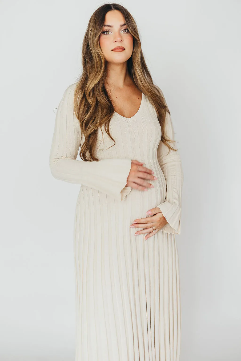 Hadley Long Sleeve V-Neck Knit Maxi Dress in Cream Taupe sold by Worth Collective product image thumbnail 4