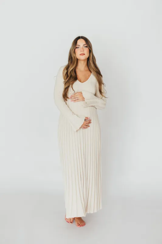 Hadley Long Sleeve V-Neck Knit Maxi Dress in Cream Taupe sold by Worth Collective