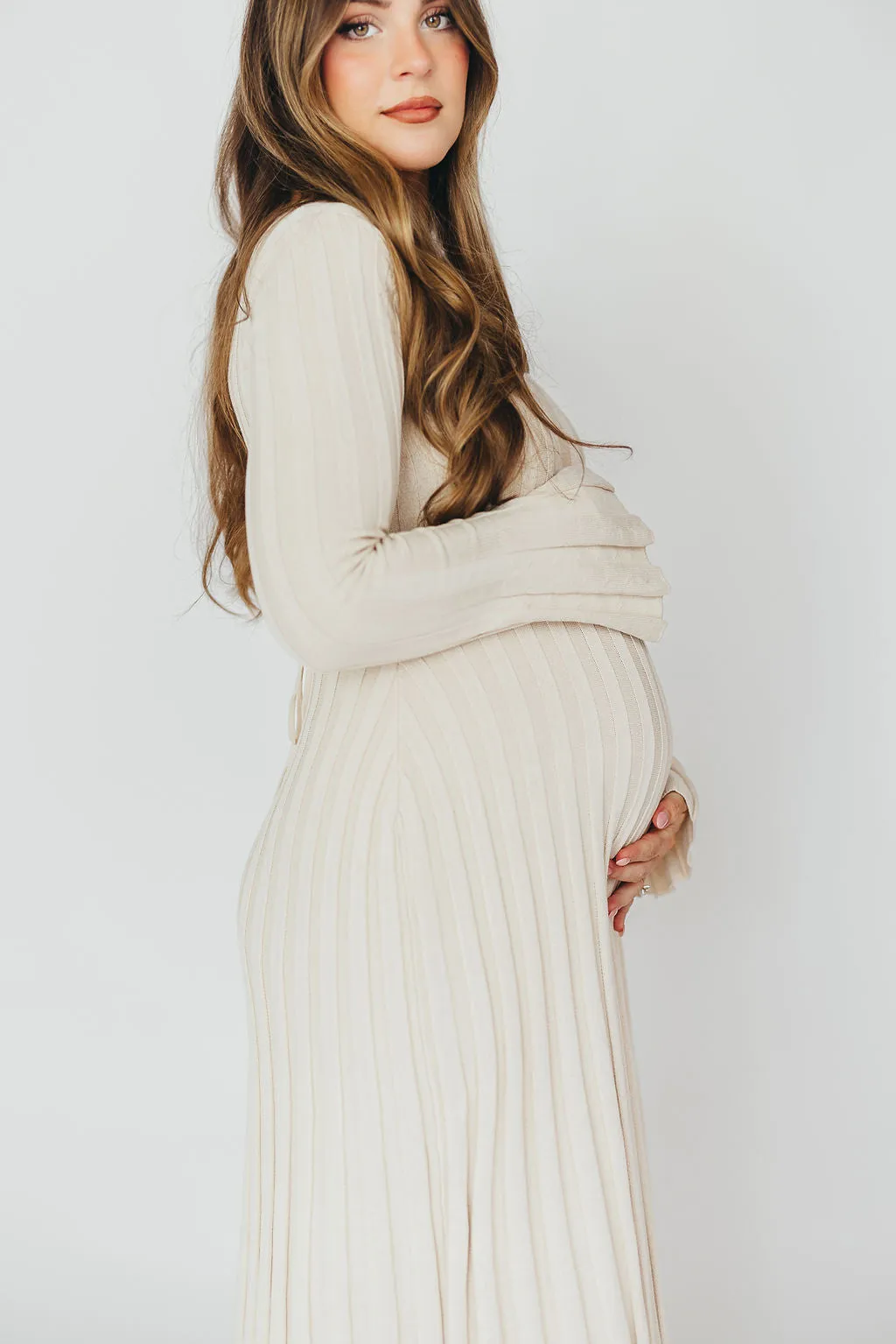 Hadley Long Sleeve V-Neck Knit Maxi Dress in Cream Taupe sold by Worth Collective product image thumbnail 5
