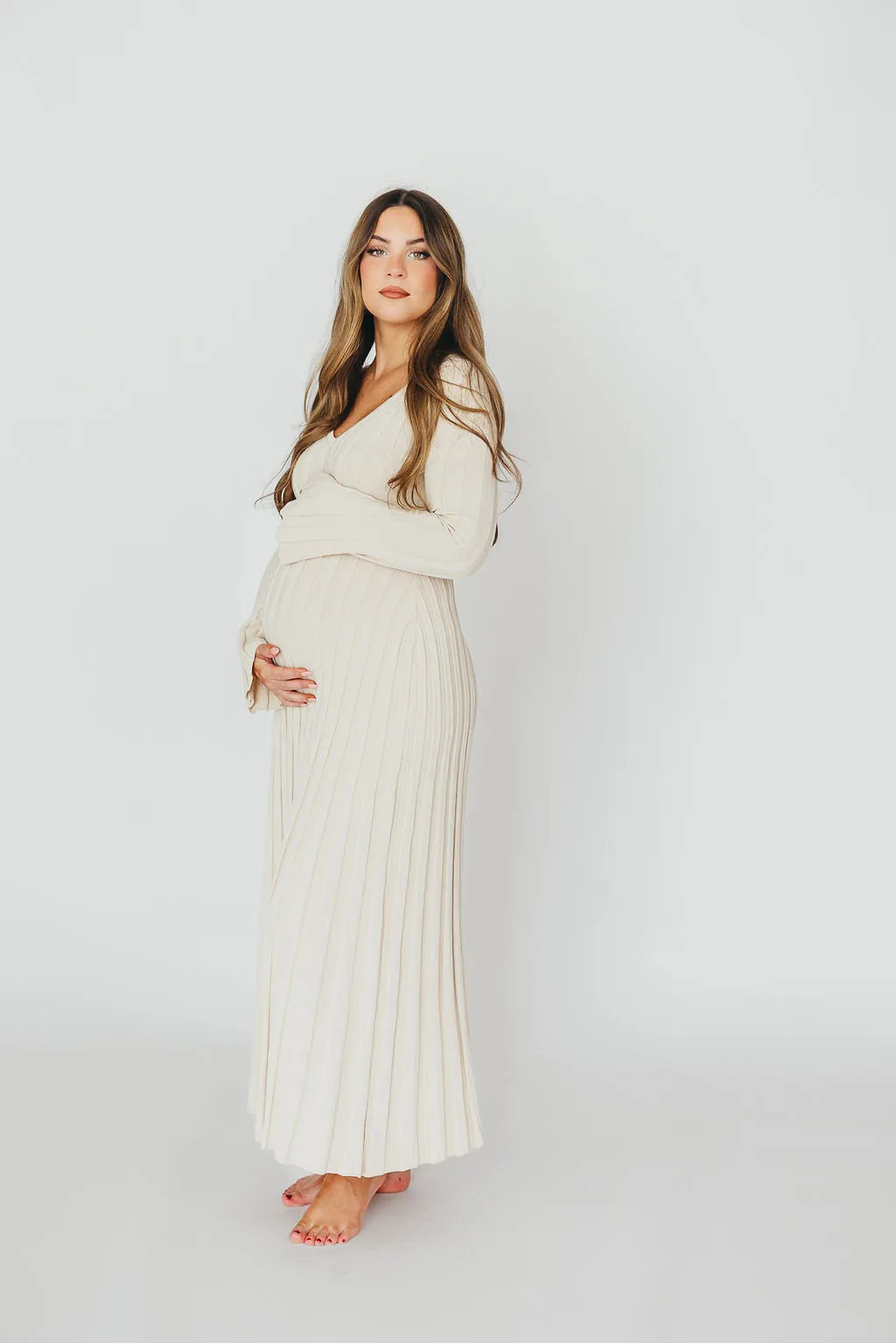 Hadley Long Sleeve V-Neck Knit Maxi Dress in Cream Taupe sold by Worth Collective product image thumbnail 2