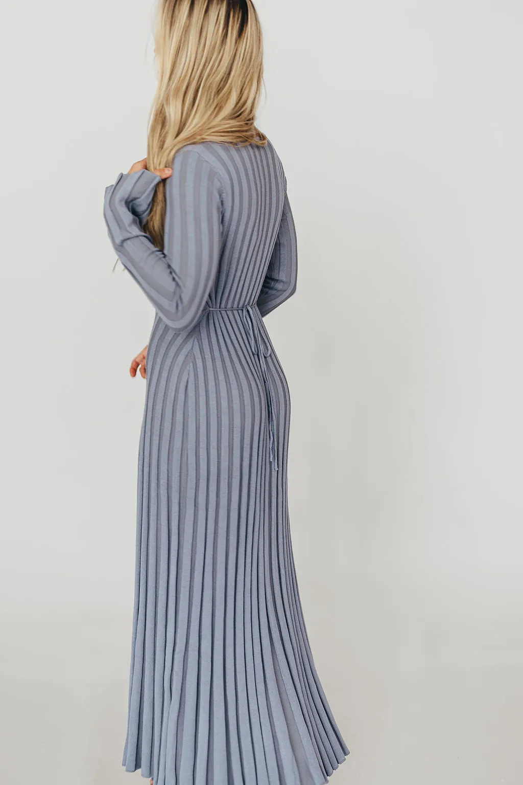 Hadley Long Sleeve V-Neck Knit Maxi Dress in Dusty Blue sold by Worth Collective product image thumbnail 5