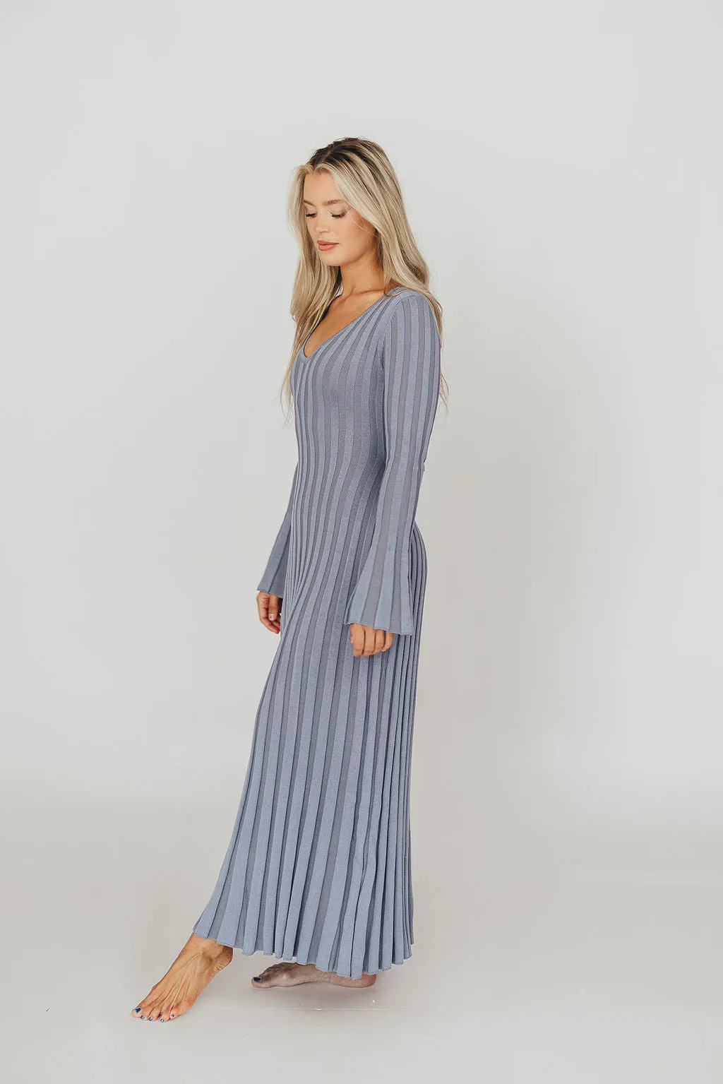 Hadley Long Sleeve V-Neck Knit Maxi Dress in Dusty Blue sold by Worth Collective product image thumbnail 2