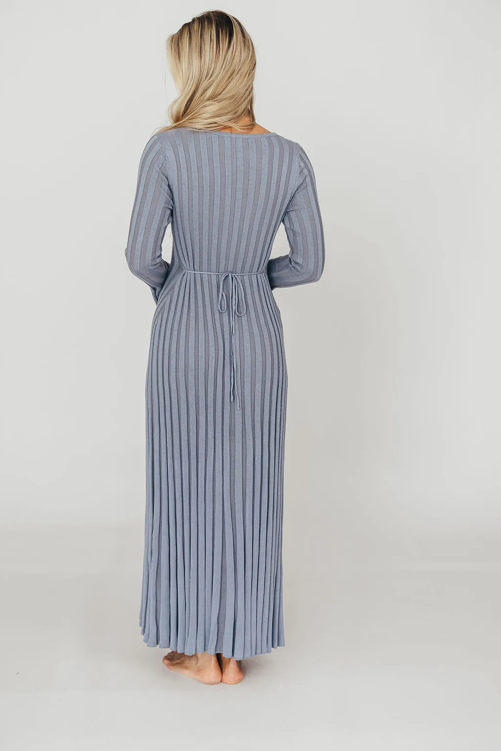Hadley Long Sleeve V-Neck Knit Maxi Dress in Dusty Blue sold by Worth Collective product image thumbnail 4