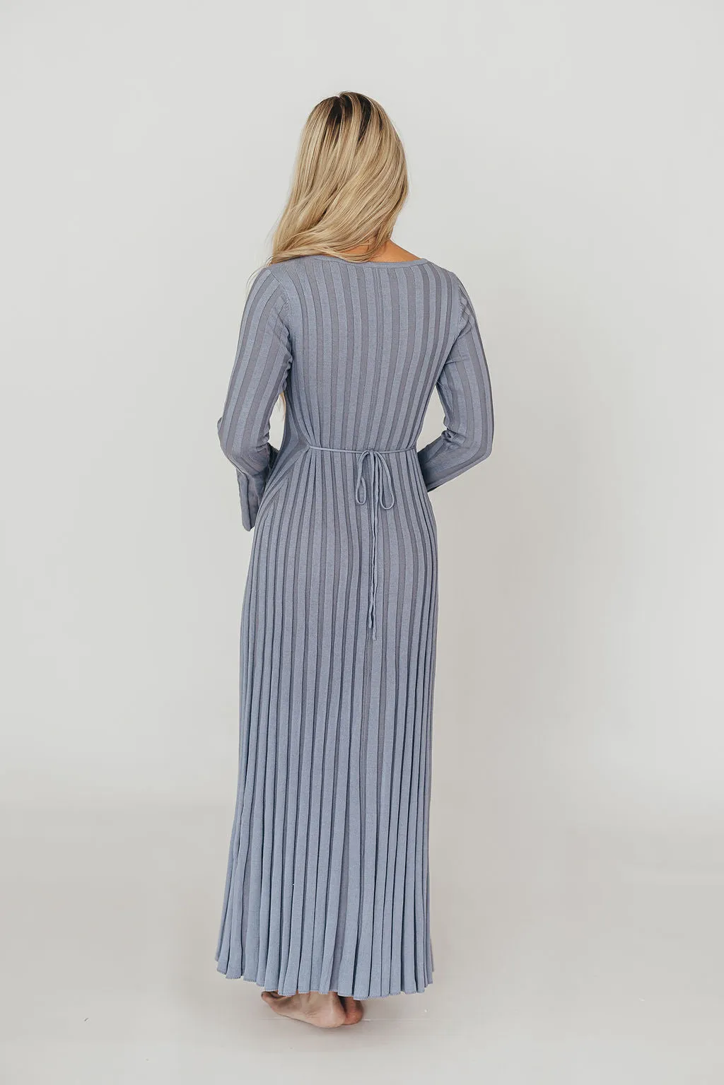 Hadley Long Sleeve V-Neck Knit Maxi Dress in Dusty Blue sold by Worth Collective product image thumbnail 3