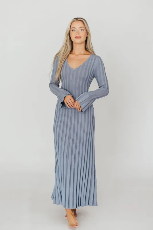Hadley Long Sleeve V-Neck Knit Maxi Dress in Dusty Blue sold by Worth Collective