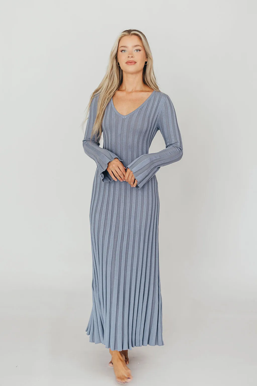Hadley Long Sleeve V-Neck Knit Maxi Dress in Dusty Blue sold by Worth Collective