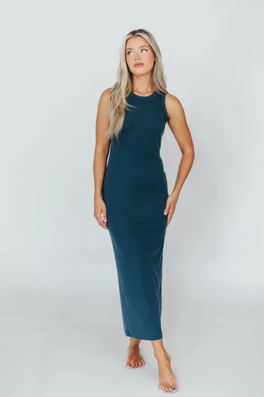 Hope Ribbed Knit Maxi Dress with Back Slit in Charcoal Blue sold by Worth Collective