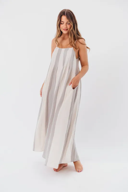 Tristan Spaghetti Strap Maxi Dress in Cream/Blue Stripe sold by Worth Collective